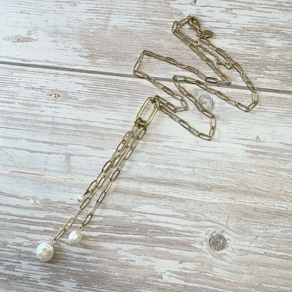 Express Gold Plated Paper clip Chain Triple Y Drop Necklace Genuine Pearl Dangle - Picture 2 of 5